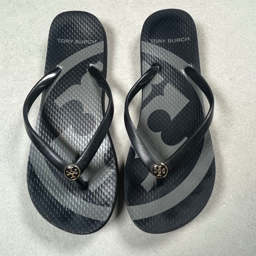 Tory Burch Flip Flop Sandals Women Black Gray Logo Gold Medallion NO SIZE TAG